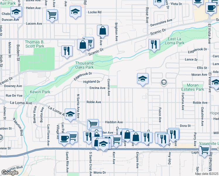 map of restaurants, bars, coffee shops, grocery stores, and more near 1501 Encina Avenue in Modesto
