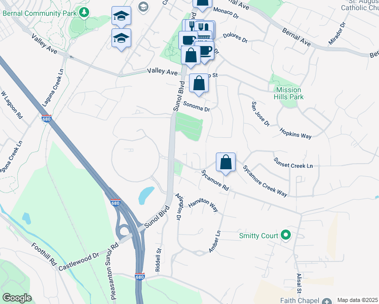 map of restaurants, bars, coffee shops, grocery stores, and more near 5824 Sycamore Court in Pleasanton