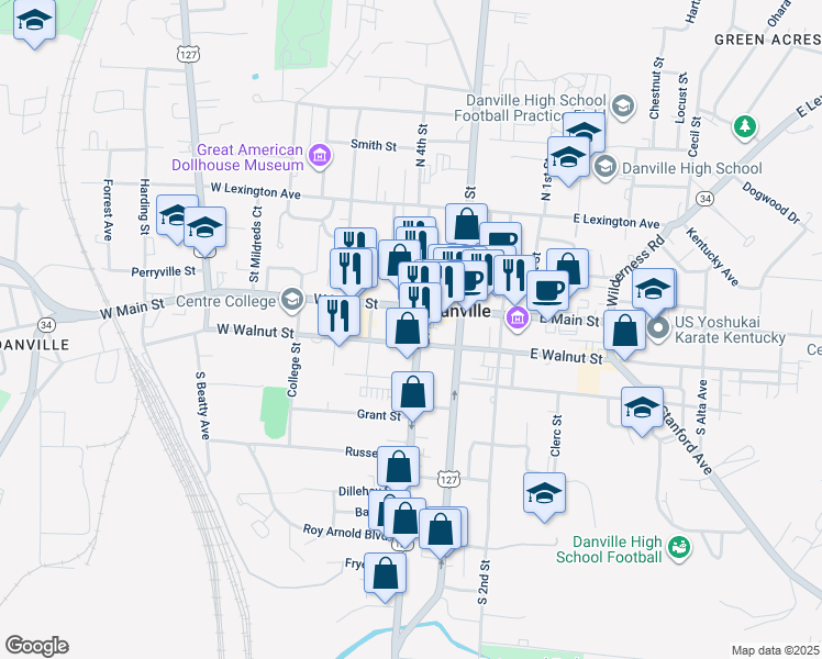 map of restaurants, bars, coffee shops, grocery stores, and more near 121 South 4th Street in Danville