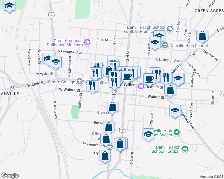 map of restaurants, bars, coffee shops, grocery stores, and more near 121 South 4th Street in Danville