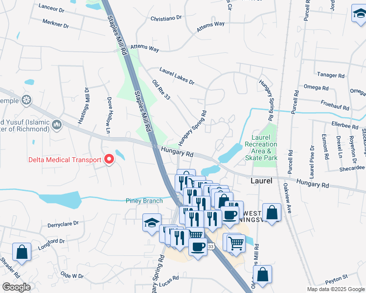 map of restaurants, bars, coffee shops, grocery stores, and more near 8030 Hungary Road in Glen Allen