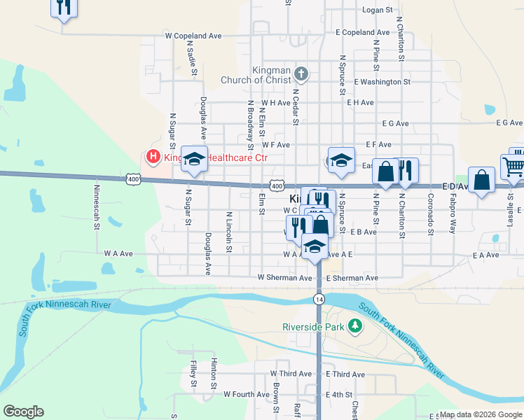 map of restaurants, bars, coffee shops, grocery stores, and more near 400 Elm Street in Kingman