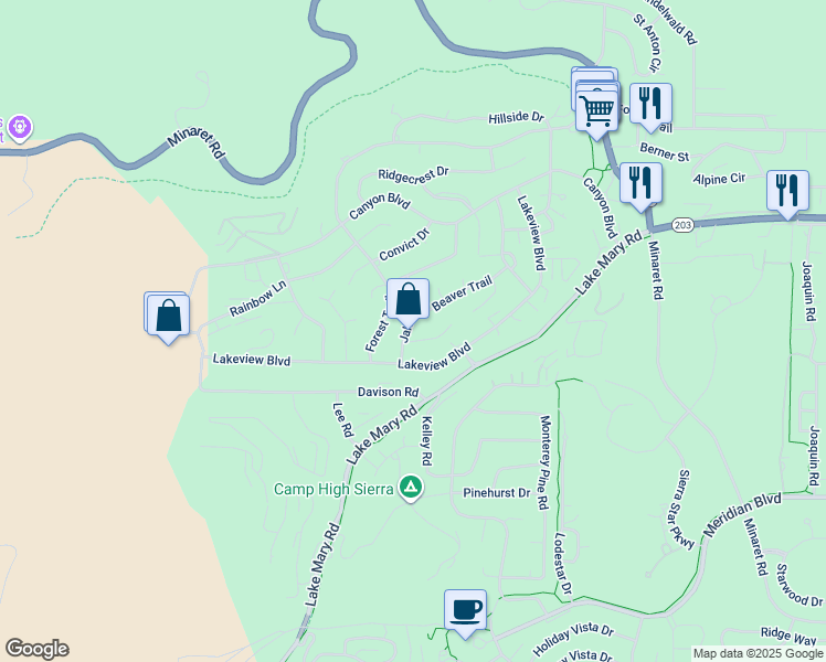 map of restaurants, bars, coffee shops, grocery stores, and more near 197 Beaver Trail in Mammoth Lakes