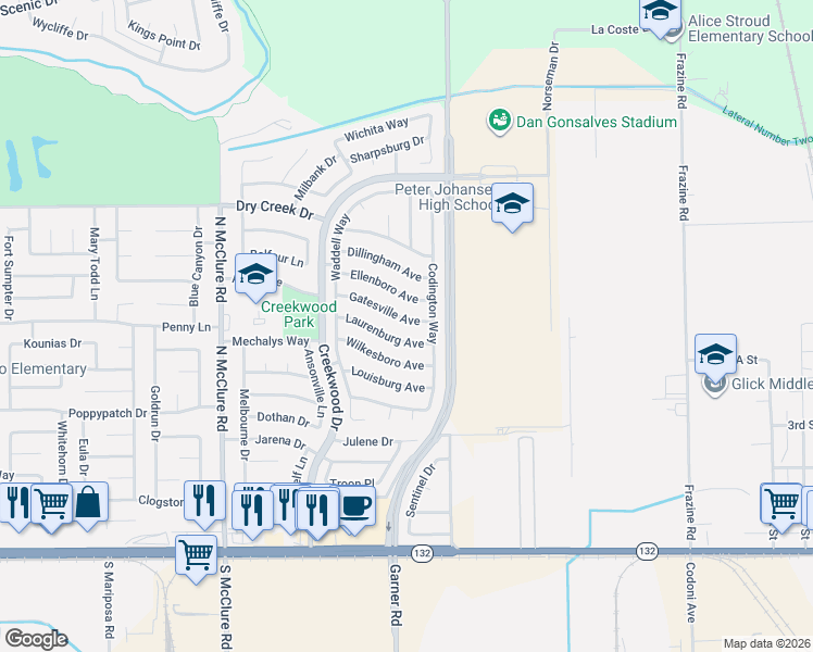 map of restaurants, bars, coffee shops, grocery stores, and more near 3913 Gatesville Avenue in Modesto
