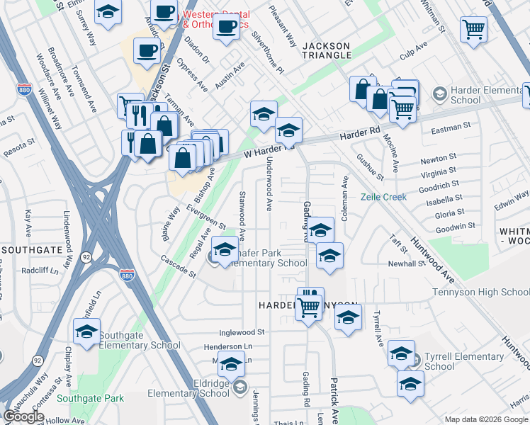 map of restaurants, bars, coffee shops, grocery stores, and more near 26082 Underwood Avenue in Hayward