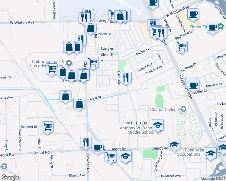 map of restaurants, bars, coffee shops, grocery stores, and more near 522 Ravenna Way in Hayward