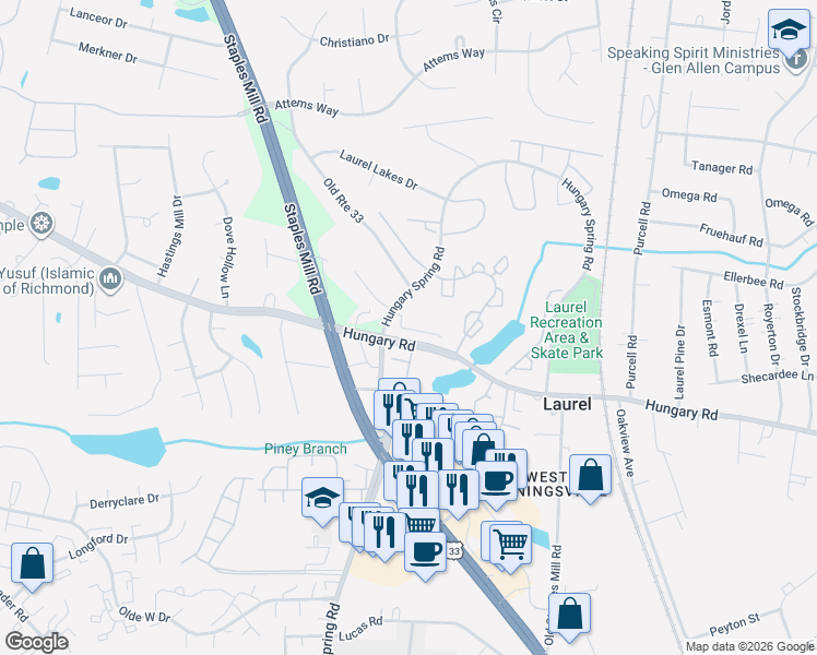 map of restaurants, bars, coffee shops, grocery stores, and more near 8030 Hungary Road in Glen Allen
