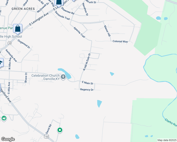 map of restaurants, bars, coffee shops, grocery stores, and more near 260-320 North Hill-N-Dale Street in Danville