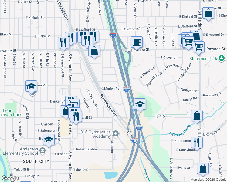 map of restaurants, bars, coffee shops, grocery stores, and more near 1947 E Marion Rd in Wichita