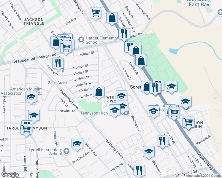 map of restaurants, bars, coffee shops, grocery stores, and more near 258 Jacaranda Drive in Hayward