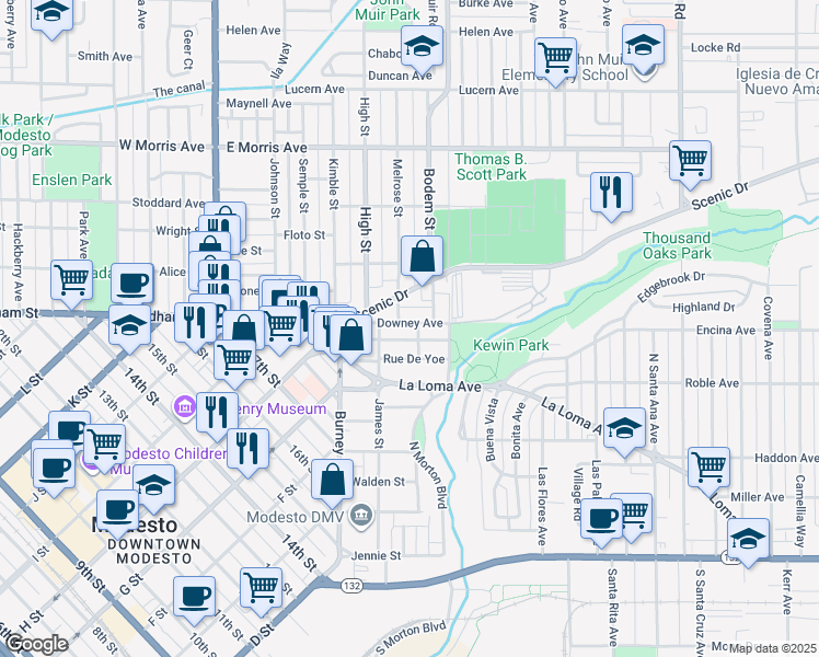 map of restaurants, bars, coffee shops, grocery stores, and more near 606 Downey Avenue in Modesto