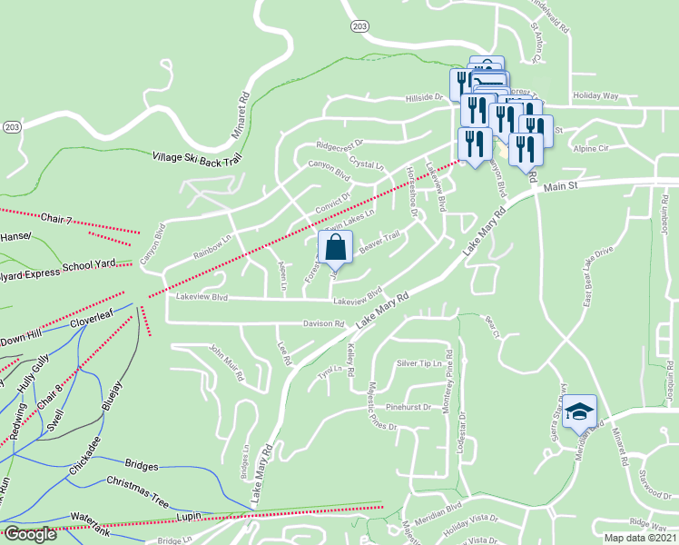 map of restaurants, bars, coffee shops, grocery stores, and more near 197 Beaver Trail in Mammoth Lakes