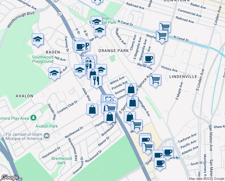 map of restaurants, bars, coffee shops, grocery stores, and more near 29 Portola Avenue in South San Francisco