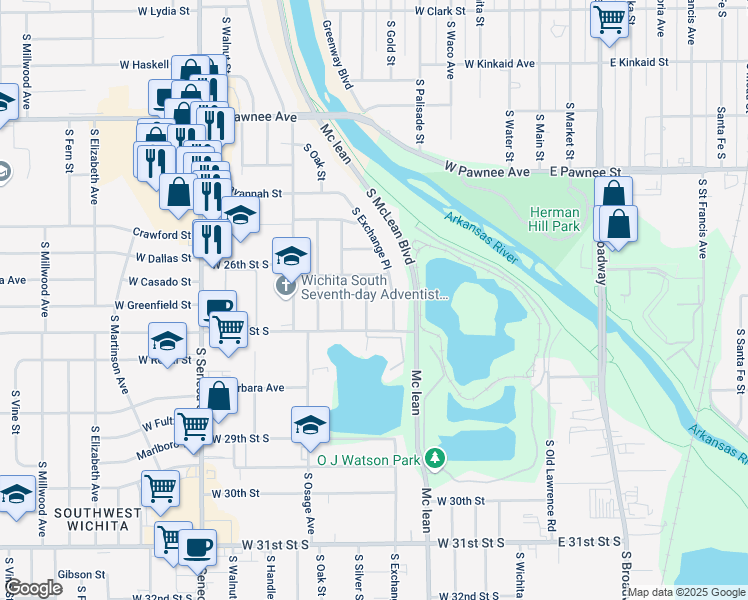 map of restaurants, bars, coffee shops, grocery stores, and more near 2746 Magnolia St in Wichita