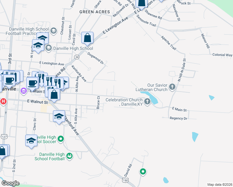 map of restaurants, bars, coffee shops, grocery stores, and more near 645 East Main Street in Danville