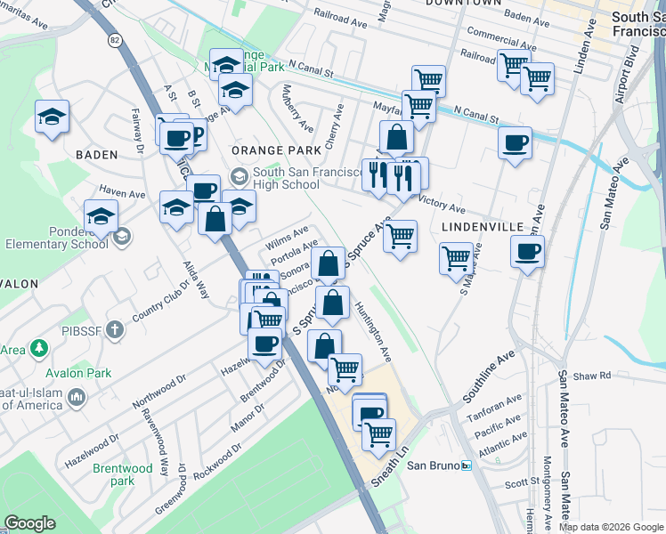 map of restaurants, bars, coffee shops, grocery stores, and more near 129 Francisco Drive in South San Francisco