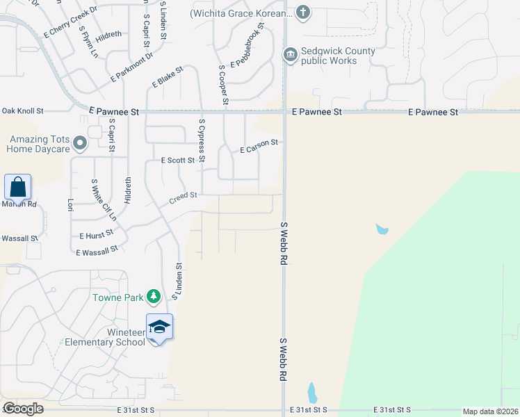 map of restaurants, bars, coffee shops, grocery stores, and more near 2501 South Webb Road in Wichita