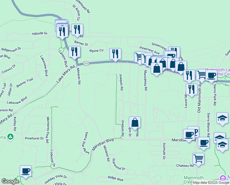 map of restaurants, bars, coffee shops, grocery stores, and more near 220 Joaquin Road in Mammoth Lakes