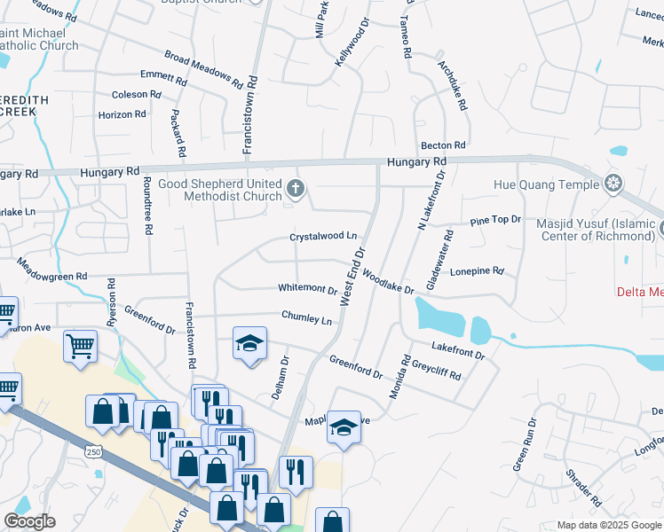 map of restaurants, bars, coffee shops, grocery stores, and more near 9105 Woodlake Drive in Richmond