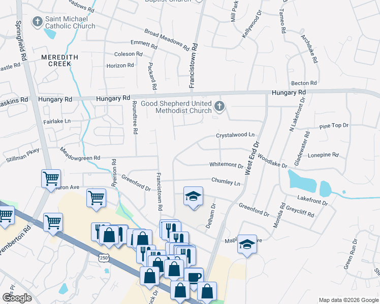 map of restaurants, bars, coffee shops, grocery stores, and more near 9303 Crystalwood Lane in Richmond