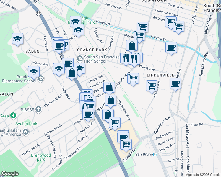map of restaurants, bars, coffee shops, grocery stores, and more near 129 Francisco Drive in South San Francisco
