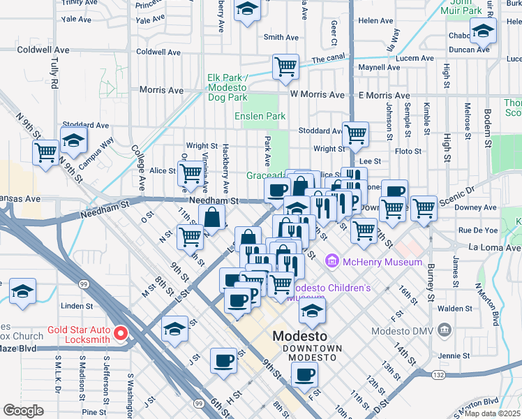map of restaurants, bars, coffee shops, grocery stores, and more near 1209 14th Street in Modesto