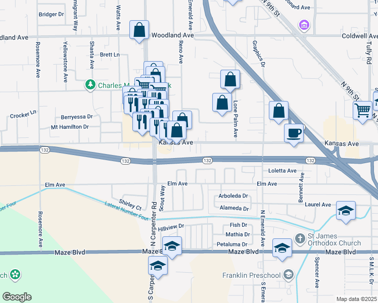 map of restaurants, bars, coffee shops, grocery stores, and more near 1300 Kansas Avenue in Modesto