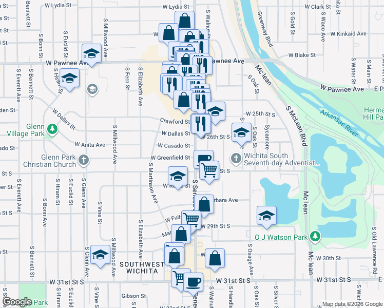 map of restaurants, bars, coffee shops, grocery stores, and more near 2735 South Seneca Street in Wichita