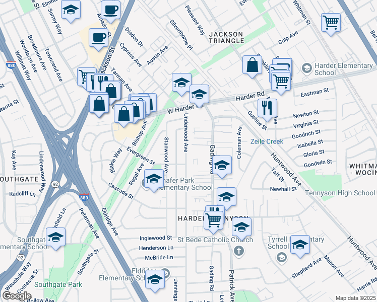 map of restaurants, bars, coffee shops, grocery stores, and more near 26082 Underwood Avenue in Hayward