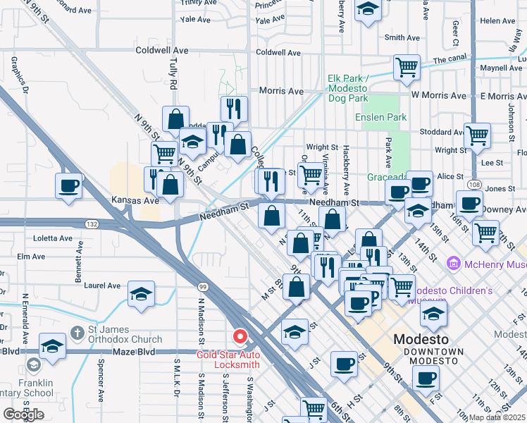 map of restaurants, bars, coffee shops, grocery stores, and more near 1515 10th Street in Modesto