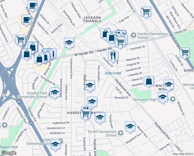 map of restaurants, bars, coffee shops, grocery stores, and more near 26193 Coleman Avenue in Hayward
