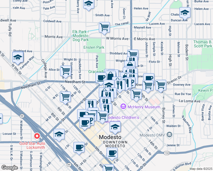 map of restaurants, bars, coffee shops, grocery stores, and more near 1115 15th Street in Modesto