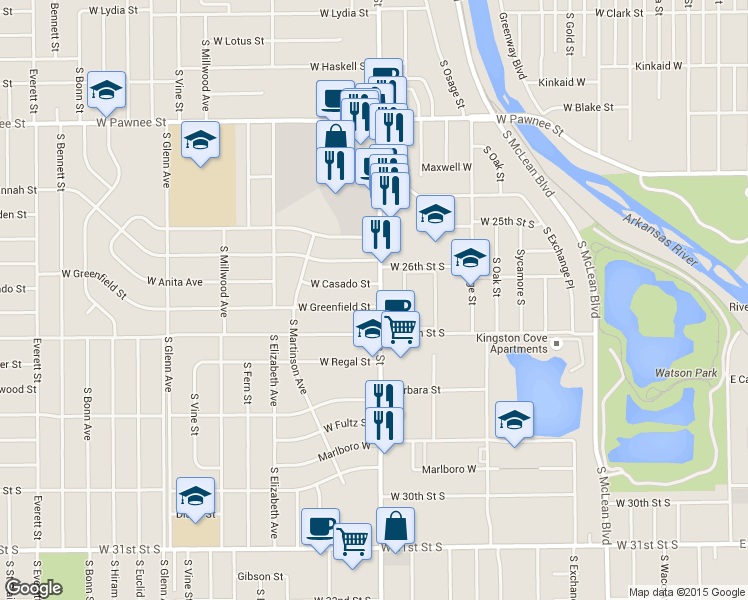 map of restaurants, bars, coffee shops, grocery stores, and more near 2735 South Seneca Street in Wichita