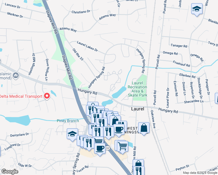map of restaurants, bars, coffee shops, grocery stores, and more near 9354 Castle York Court in Glen Allen