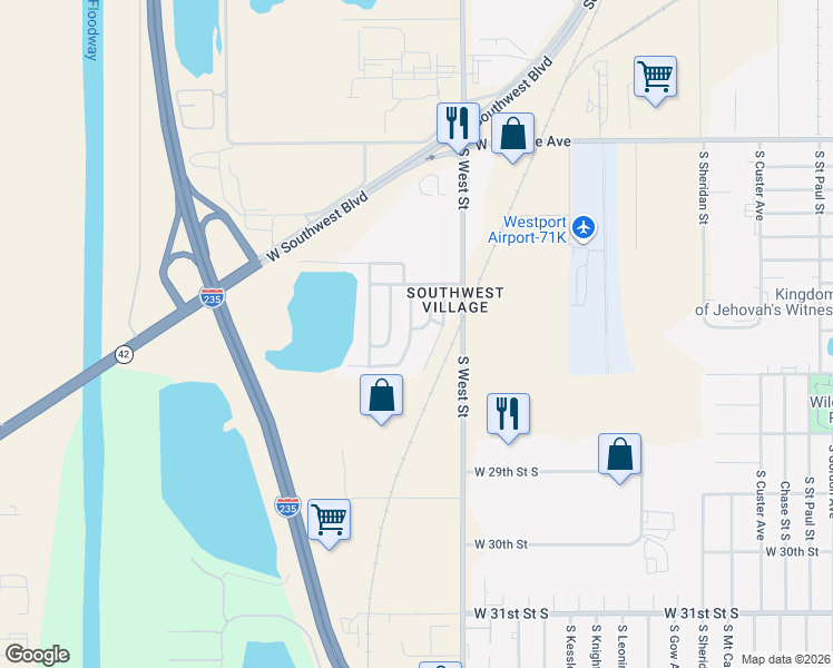 map of restaurants, bars, coffee shops, grocery stores, and more near 2625 South West Street in Wichita
