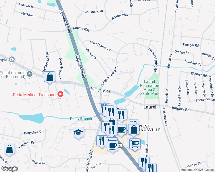 map of restaurants, bars, coffee shops, grocery stores, and more near 8030 Hungary Road in Glen Allen