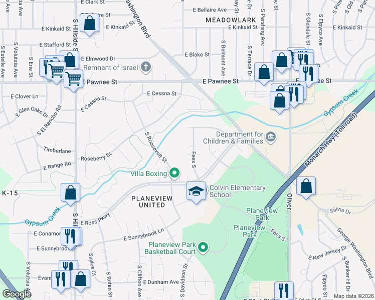 map of restaurants, bars, coffee shops, grocery stores, and more near 2636 S Fees St in Wichita