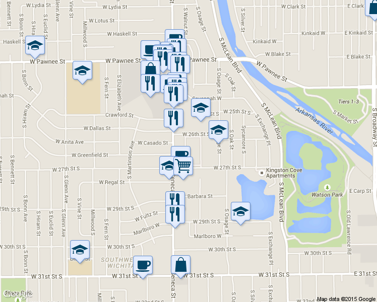 map of restaurants, bars, coffee shops, grocery stores, and more near 3405 South Meridian Avenue in Wichita
