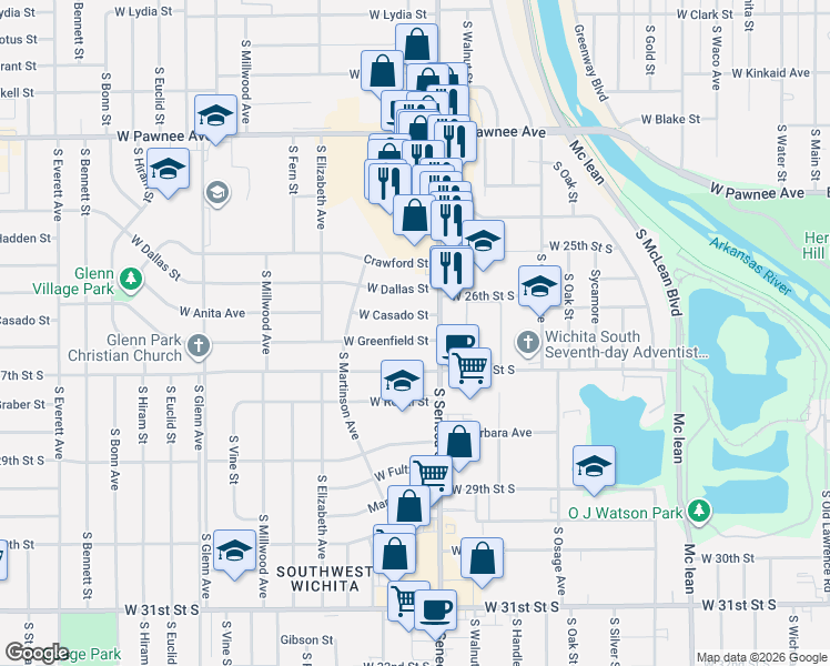 map of restaurants, bars, coffee shops, grocery stores, and more near 2735 South Seneca Street in Wichita