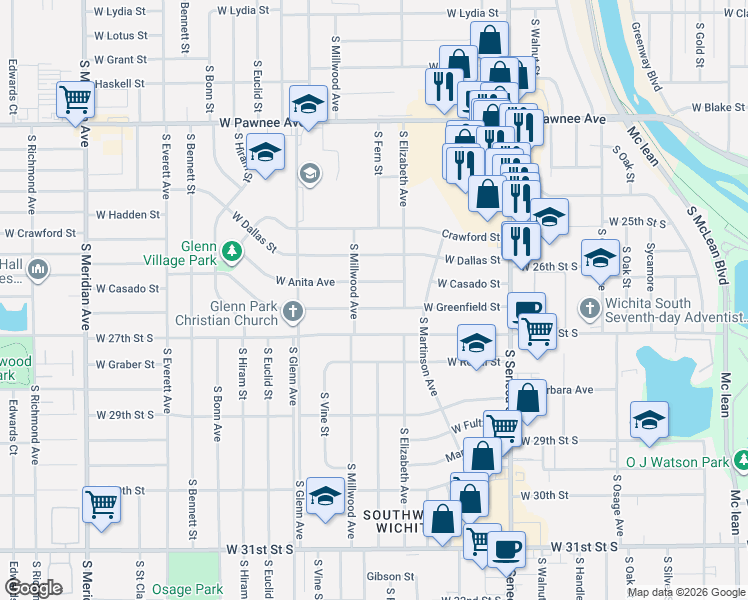 map of restaurants, bars, coffee shops, grocery stores, and more near 1626 W Greenfield St in Wichita