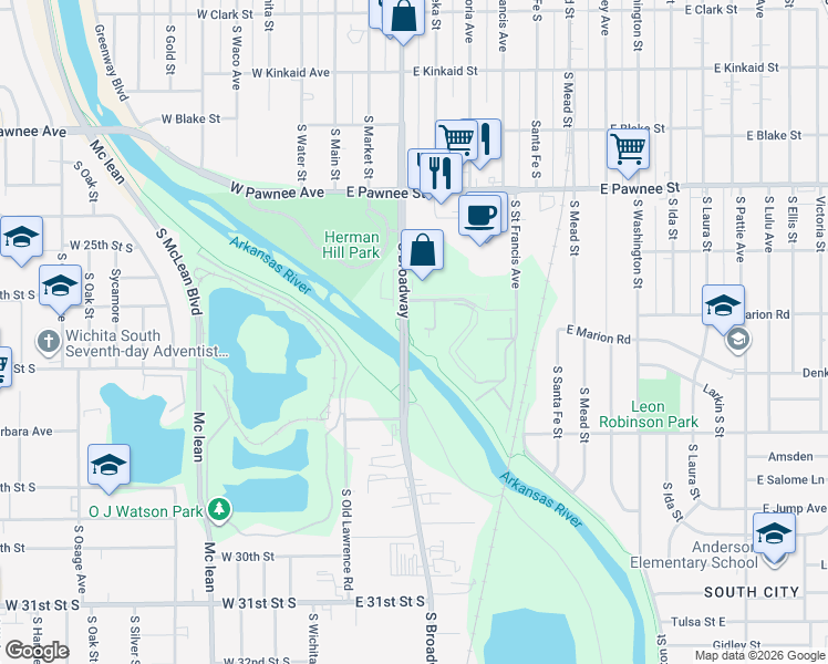 map of restaurants, bars, coffee shops, grocery stores, and more near 341 East Marion Court in Wichita