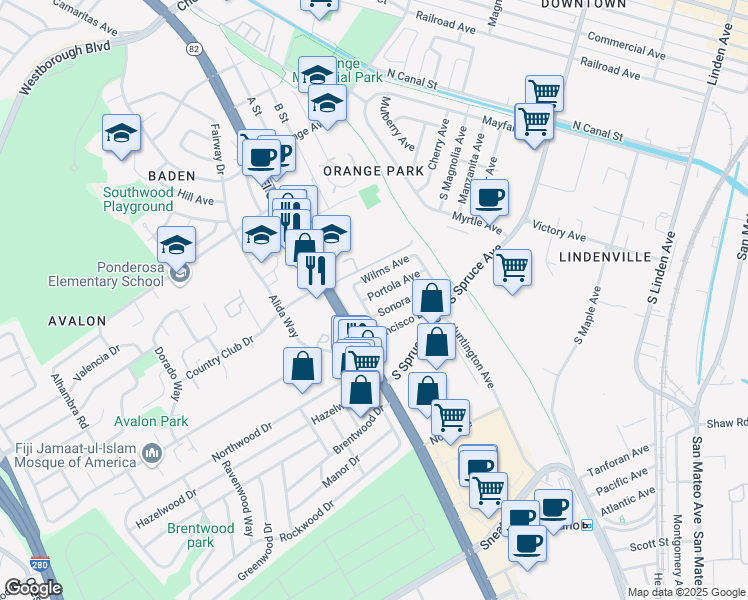 map of restaurants, bars, coffee shops, grocery stores, and more near 29 Portola Avenue in South San Francisco