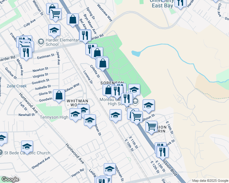 map of restaurants, bars, coffee shops, grocery stores, and more near in Hayward