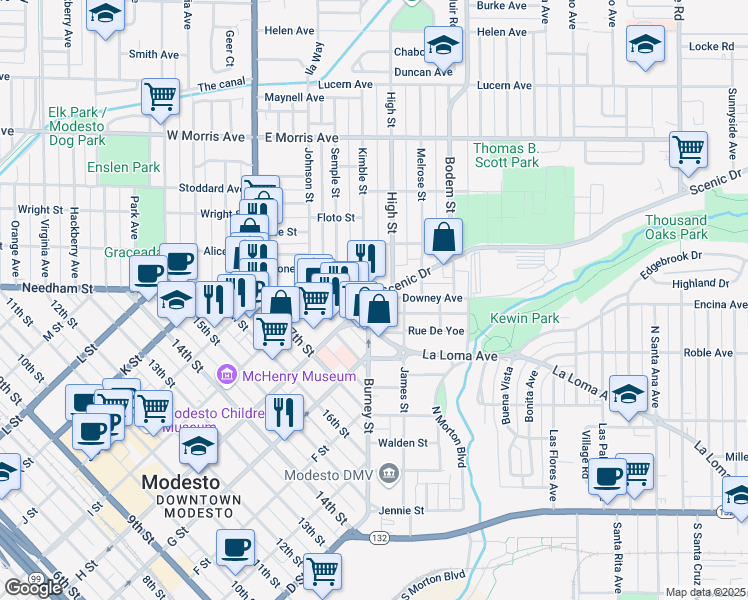 map of restaurants, bars, coffee shops, grocery stores, and more near 402 Downey Avenue in Modesto