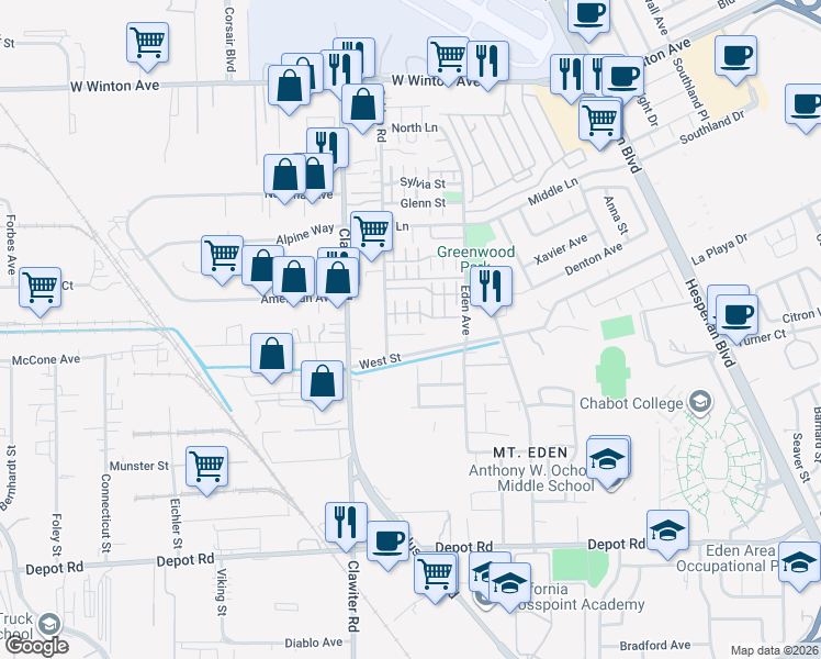 map of restaurants, bars, coffee shops, grocery stores, and more near 554 Ravenna Way in Hayward