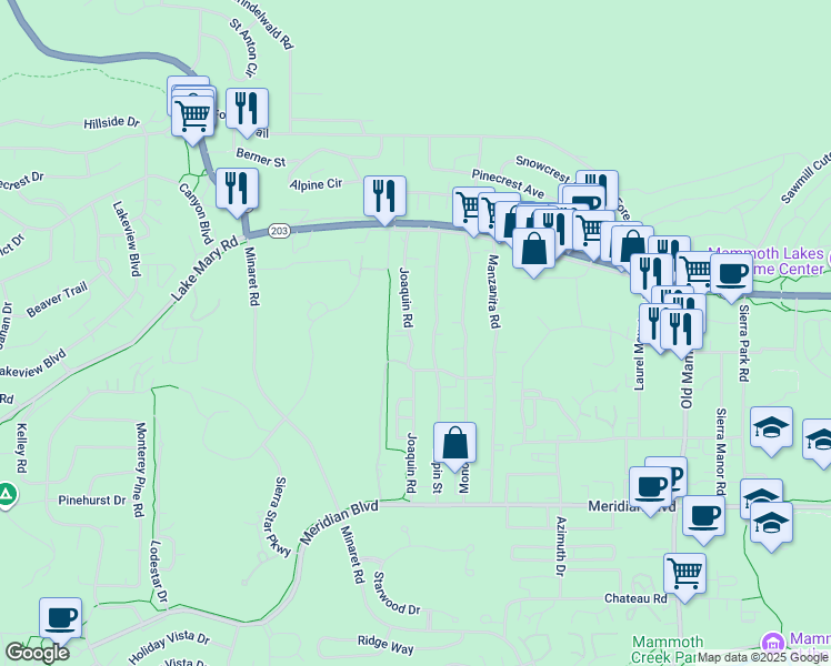 map of restaurants, bars, coffee shops, grocery stores, and more near 207 Joaquin Road in Mammoth Lakes