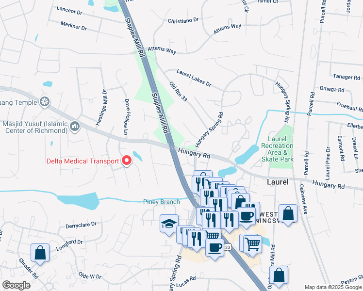 map of restaurants, bars, coffee shops, grocery stores, and more near 8120 Hungary Road in Glen Allen
