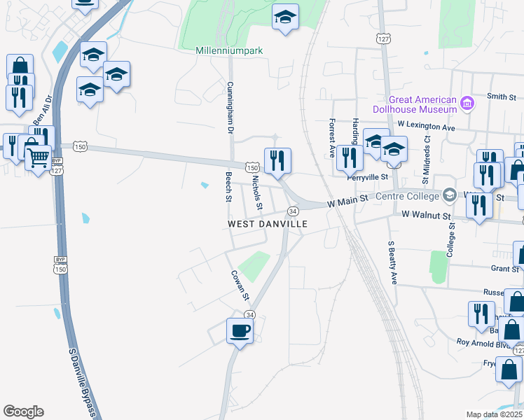 map of restaurants, bars, coffee shops, grocery stores, and more near 132 Nichols Street in Danville