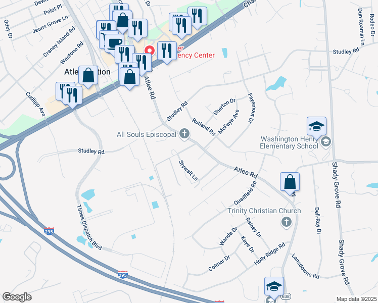 map of restaurants, bars, coffee shops, grocery stores, and more near 9048 Russet Lane in Mechanicsville