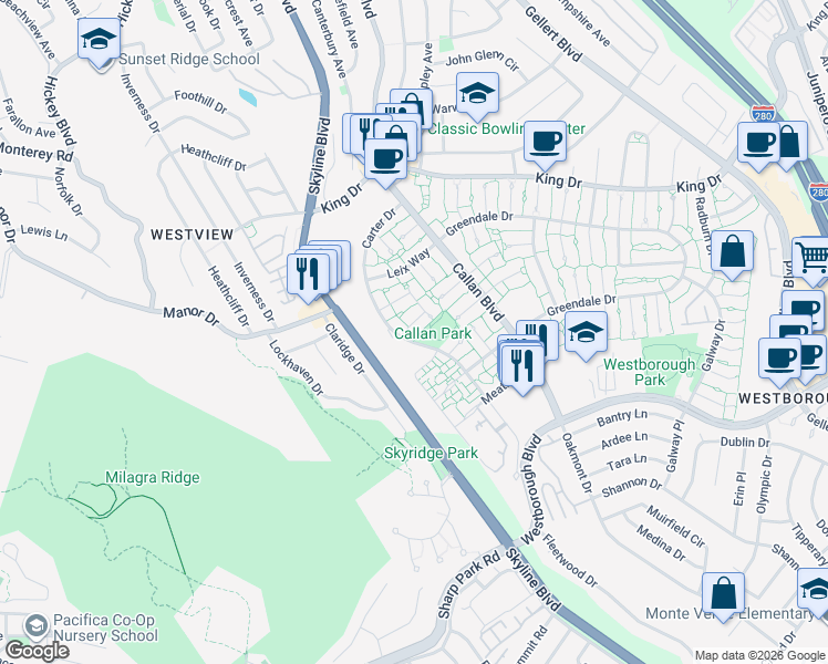 map of restaurants, bars, coffee shops, grocery stores, and more near 2681 Cromwell Row in South San Francisco